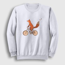 Presmono Unisex Beyaz Bicycle Fox Tilki Sweatshirt