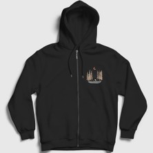 Presmono Unisex Siyah Forest Camper Kamp Fermuarlı Kapüşonlu Sweatshirt