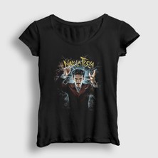 Presmono Kadın Siyah Electricity Magician Nikola Tesla T-Shirt