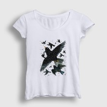 Presmono Kadın Beyaz Herd Of Birds Kuş Karga T-Shirt