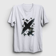Presmono Unisex Beyaz Herd Of Birds Kuş Karga T-Shirt