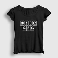 Presmono Kadın Siyah Periodic Table Scientist Nikola Tesla T-Shirt