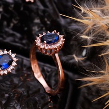 Byes 925 Ayar Gümüş Safir Renk Oval Tektaş Yüzük