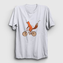 Presmono Unisex Beyaz Bicycle Fox Tilki T-Shirt