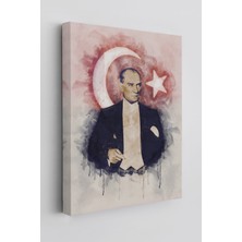 Aydın Ticaret Mustafa Kemal Atatürk ve Türk Bayrağı Suluboya Görünümlü Dekoratif Kanvas Tablo