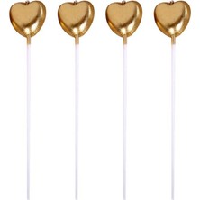 Pandoli Kalp Şeklinde 4 Adet Çubuklu Altın Renk Parti Mumu 12,5 cm