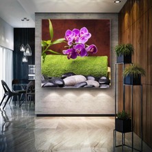 SML Tablo Mor Orkide Siyah Spa Taşları Yeşil Bambu Yaprakları Kanvas Tablo