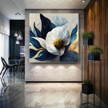 SML Tablo Gold ve Lacivert Yapraklar Beyaz Çiçek Dekoratif Kanvas Tablo