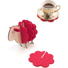 Artikel Ahşap Koyun Figür Desen Kesimli Kırmızı Keçe Bardak Altlığı 6 'lı