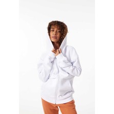 Gothamvibes Kadın Oversize Fermuarlı Kapüşonlu Beyaz Sweatshirt