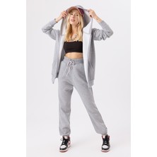 Gothamvibes Kadın Oversize Fermuarlı Kapüşonlu Gri Sweatshirt