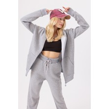 Gothamvibes Kadın Oversize Fermuarlı Kapüşonlu Gri Sweatshirt