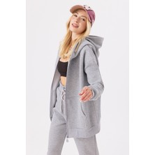 Gothamvibes Kadın Oversize Fermuarlı Kapüşonlu Gri Sweatshirt