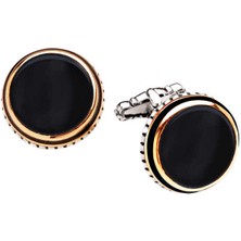 Amberkan Gümüş Oniks Taşlı Yanları Mineli Yuvarlak Kol Düğmesi
