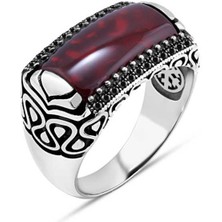 Amberkan Akik Taşlı Kenarları Minik Siyah Zirkon Taşlı Erkek Yüzük