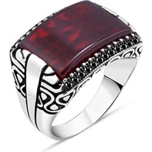 Amberkan Akik Taş Kenarları Minik Siyah Zirkon Taşlı Erkek Yüzük