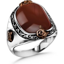 Amberkan Akik Taşlı Yanları Osmanlı Tuğralı ve Devlet Armalı Gümüş Erkek Yüzük