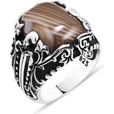 Amberkan Damarlı Akik Taşlı Yanları Kılıç Tasarımlı Erkek Yüzük