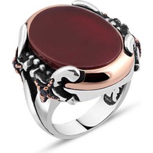 Amberkan Düz Akik Taşlı Kenarları Kılıçlı Erkek Yüzük