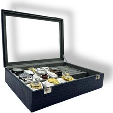 Dijital Çarşı Richbox 9'lu Saat Kombin Bilezik Bileklik Yüzük Broş Kol Düğmesi Takı Saat Kutusu Mango Lacivert Kroko