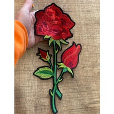 Gönülden Tasarım 29 x 13 cm Ütü İle Yapışan Renkli Pul Payetli Kırmızı Gül Aplike Yama Arma