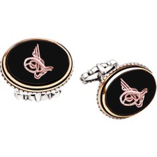 Amberkan Gümüş Oniks Taş Üzeri Tuğralı Oval Tasarım Kol Düğmesi
