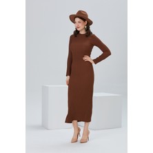 BRAKO TEKSTİL Kadın Bisiklet Yaka Düz Dar Uzun Elbise