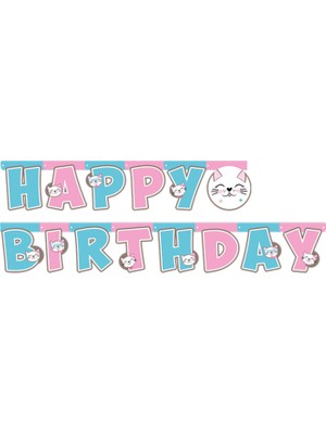 Kidspartim Sevimli Kedi Temalı Happy Bırthday Uzar Yazı Banner