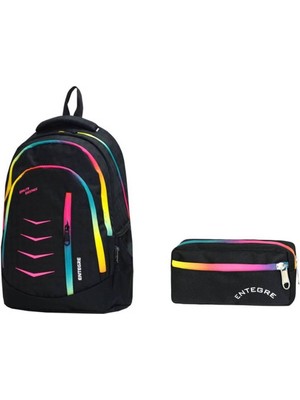 Siyah Gökkuşağı Desenli Fermuarlı Okul ve Günlük Sırt Çantası ile Kalemlik Seti, 2 Parça, 44x34x24 cm / 20x10x5 cm