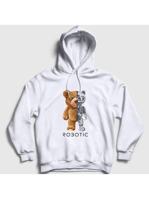 Presmono Unisex Beyaz Robot Ayı Teddy Bear Kapüşonlu Sweatshirt