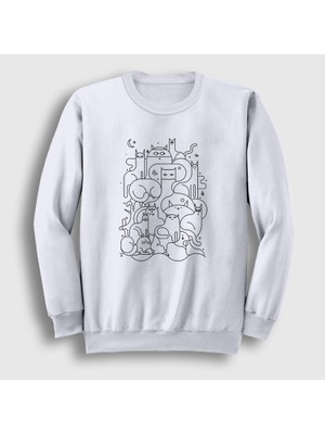 Presmono Unisex Beyaz Cats Everywhere Kedili Sweatshirt