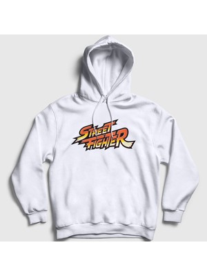 Presmono Unisex Beyaz Logo Oyun Street Fighter Kapüşonlu Sweatshirt
