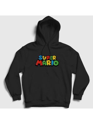 Presmono Unisex Siyah Logo Oyun Super Mario Kapüşonlu Sweatshirt