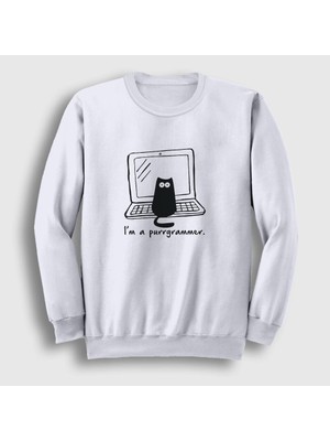 Presmono Unisex Beyaz Cat Purrgrammer Developer Yazılımcı Sweatshirt