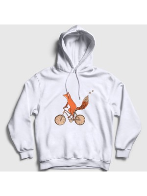 Presmono Unisex Beyaz Bicycle Fox Tilki Kapüşonlu Sweatshirt