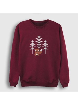 Presmono Unisex Bordo Forest Fox Tilki Sweatshirt
