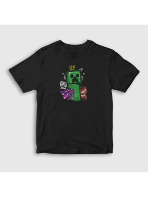 Presmono Unisex Çocuk Siyah Creeper Crown Oyun Minecraft T-Shirt