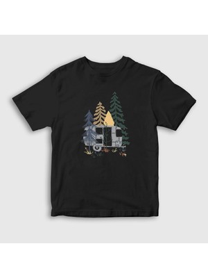 Presmono Unisex Çocuk Siyah Caravan Camper Kamp T-Shirt