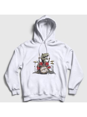 Presmono Unisex Beyaz Dinos Dinozor Drums Bateri Kapüşonlu Sweatshirt