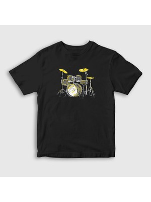 Presmono Unisex Çocuk Siyah Music Drums Bateri T-Shirt
