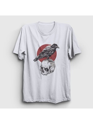 Presmono Unisex Beyaz Skull Crow Karga T-Shirt