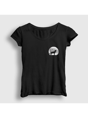 Presmono Kadın Siyah Howl Moon Wolf Kurt T-Shirt