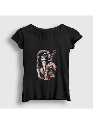 Presmono Kadın Siyah LED Zeppelin Skull Jimmy Page T-Shirt