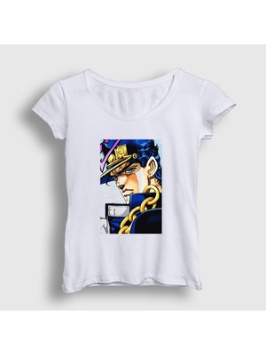 Presmono Kadın Beyaz Jotaro Kujo V2 Anime Jojo T-Shirt
