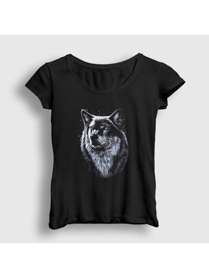 Presmono Kadın Siyah Siberian Wolf Kurt T-Shirt