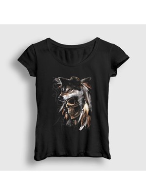 Presmono Kadın Siyah Skull Wolf Kurt T-Shirt