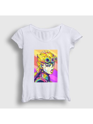 Presmono Kadın Beyaz Giorno Giovanna Anime Jojo T-Shirt
