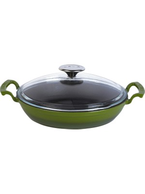 Lava Döküm Yuvarlak Sahan Cam Kapaklı Döküm Demir Yekpare Çift Kulplu Çap(Ø)24cm. - Yeşil