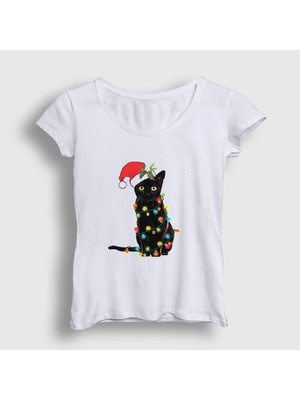 Presmono Kadın Beyaz Lights Cat Kedi Yılbaşı T-Shirt
