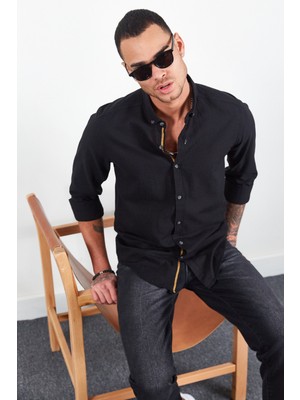 Manche Siyah Uzun Kol Erkek Gömlek | MES111871-01